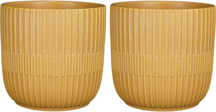 Mica Decorations 2x Stuks Plantenpot/bloempot keramiek mat okergeel stripes patroon - D19/H18 cm - Plantenpotten