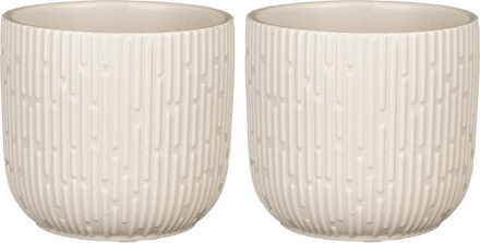 Mica Decorations 2x Stuks Plantenpot/bloempot keramiek mat wit stripes patroon - D12.5/H11 cm