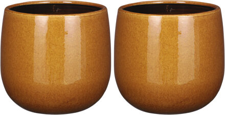 Mica Decorations 2x Stuks Plantenpot/bloempot keramiek okergeel speels licht gevlekt patroon - D21/H19 cm