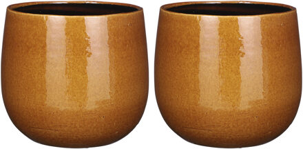 Mica Decorations 2x Stuks Plantenpot/bloempot keramiek okergeel speels licht gevlekt patroon - D25/H20 cm