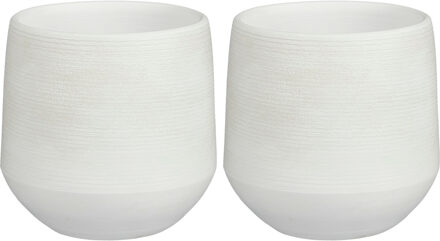 Mica Decorations 2x Stuks Plantenpot/bloempot keramiek wit relief patroon - D19/H18 cm