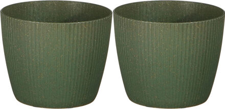 Mica Decorations 2x stuks plantenpot/bloempot kunststof donkergroen ribbels patroon - D15/H13 cm