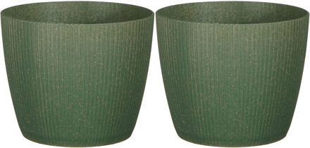 Mica Decorations 2x stuks plantenpot/bloempot kunststof donkergroen ribbels patroon - D17,5/H15 cm