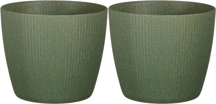 Mica Decorations 2x stuks plantenpot/bloempot kunststof donkergroen ribbels patroon - D22/H22 cm - Plantenpotten