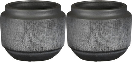 Mica Decorations 2x stuks plantenpot/bloempot - zwart met relief - D15/H13 cm - Plantenpotten