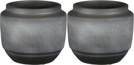 Mica Decorations 2x stuks plantenpot/bloempot - zwart met relief - D21/H17 cm