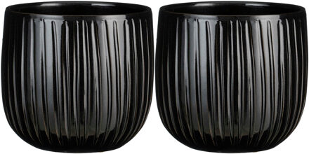 Mica Decorations 2x stuks plantenpot/bloempot zwart ribbels glans - D25/H20 cm