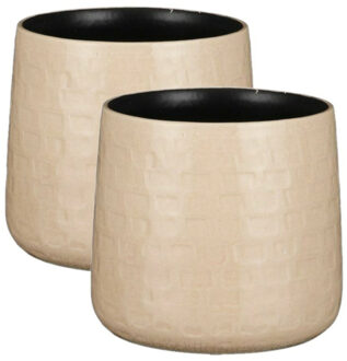 Mica Decorations 2x Stuks Plantenpotten/bloempotten keramiek beige relief - D15 cm