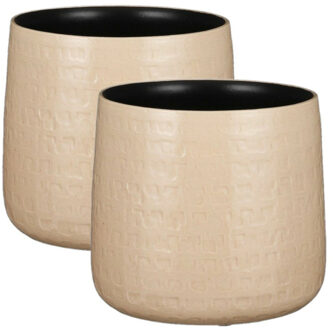 Mica Decorations 2x Stuks Plantenpotten/bloempotten keramiek beige relief - D19 en H17 cm
