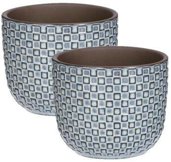 Mica Decorations 2x Stuks Plantenpotten/bloempotten keramiek blauw - D11 en H9 cm