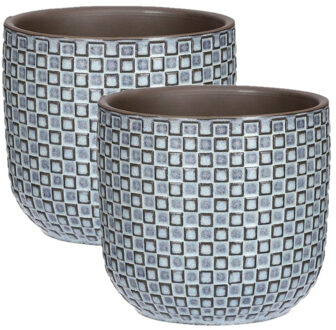 Mica Decorations 2x Stuks Plantenpotten/bloempotten keramiek blauw - D12 en H11 cm
