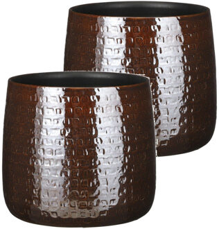 Mica Decorations 2x Stuks Plantenpotten/bloempotten keramiek donkerbruin relief - D24 cm
