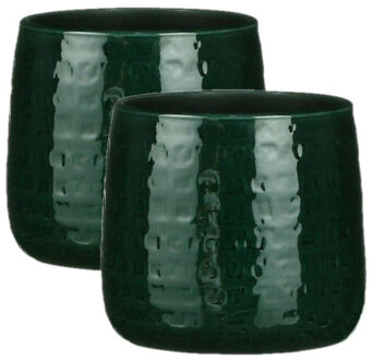 Mica Decorations 2x Stuks Plantenpotten/bloempotten keramiek donkergroen relief - D17 cm