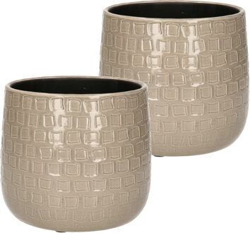 Mica Decorations 2x Stuks Plantenpotten/bloempotten keramiek taupe relief - D15/H13 cm