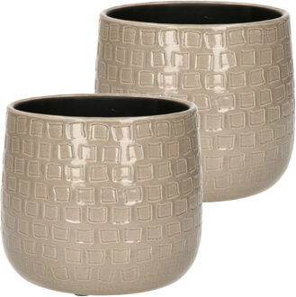 Mica Decorations 2x Stuks Plantenpotten/bloempotten keramiek taupe relief - D17/H15 cm