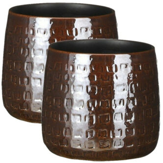 Mica Decorations 2x Stuks Plantenpotten/bloempotten keramiek warm bruin relief - D17 cm