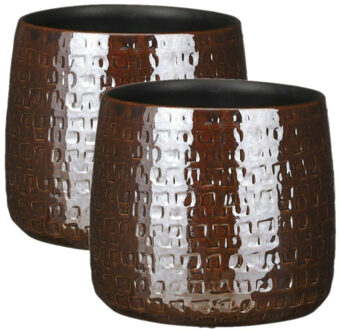 Mica Decorations 2x Stuks Plantenpotten/bloempotten keramiek warm bruin relief - D19 cm
