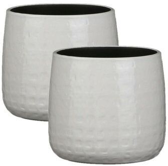 Mica Decorations 2x Stuks Plantenpotten/bloempotten keramiek warm wit relief patroon - D17 cm