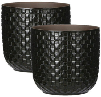 Mica Decorations 2x Stuks Plantenpotten/bloempotten keramiek zwart - D13.5 en H13 cm