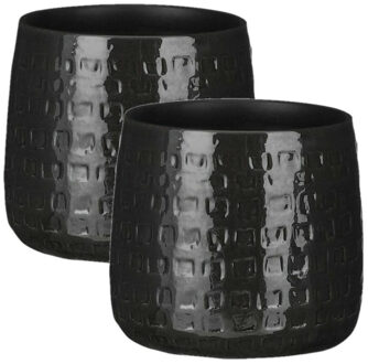 Mica Decorations 2x Stuks Plantenpotten/bloempotten keramiek zwart relief - D17 en H15 cm