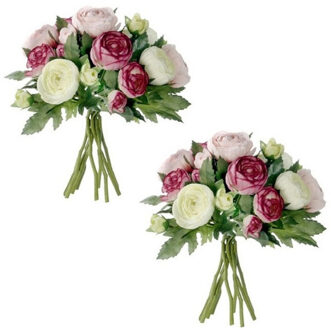 Mica Decorations 2x stuks roze Ranunculus/ranonkel kunstbloemen boeket 22 cm - Kunstbloemen boeketten -  Bruidsboeketten