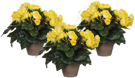 Mica Decorations 3x stuks gele Begonia kunstplant met bloemen 30 cm in grijze pot - Kunstplanten/nepplanten - Voor binnen