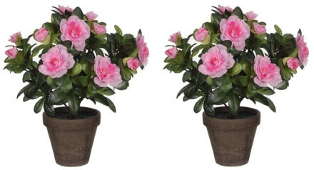 Mica Decorations 3x stuks groene Azalea kunstplanten  met roze bloemen 27 cm in pot stan grey - Kunstplanten/nepplanten