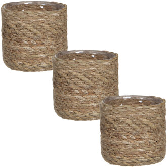 Mica Decorations 3x stuks naturel bruin rotan planten/bloemen pot mand van gedraaid jute/riet/zeegras H12 en D12 cm - Met plastic binnenkant