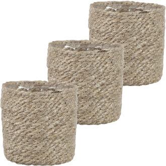 Mica Decorations 3x stuks naturel rotan planten/bloemen pot mand van gedraaid jute/riet H12 en D12 cm - Met plastic binnenkant