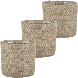 Mica Decorations 3x stuks naturel rotan planten/bloemen pot mand van gedraaid jute/riet H16 en D16 cm - Met plastic binnenkant