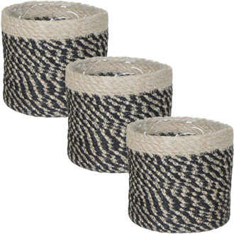 Mica Decorations 3x stuks naturel zwart rotan planten/bloemen pot mand van gedraaid jute/riet/zeegras H12 en D12 cm - Met plastic binnenkant