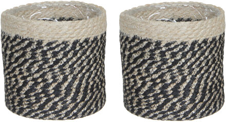 Mica Decorations 3x stuks naturel zwart rotan planten/bloemen pot mand van gedraaid jute/riet/zeegras H16 en D16 cm - Met plastic binnenkant