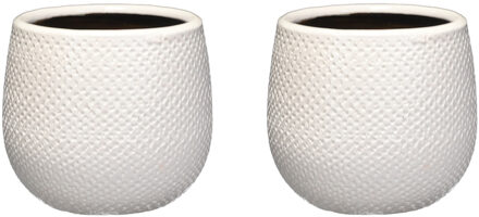 Mica Decorations 4x stuks bloempot wit ribbels keramiek voor kamerplant H12 x D14 cm