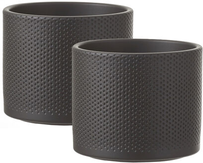 Mica Decorations Bloempot - 2x - antraciet - relief - keramiek - D18 x H15 cm - plantenpotten binnen