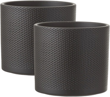 Mica Decorations Bloempot - 2x - donkergrijs - relief - keramiek - 17 x 19 cm