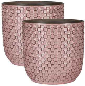 Mica Decorations Bloempot - 2x - roze - patroon - D19 en H17.5 cm - keramiek - plantenpot