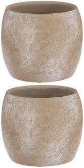 Mica Decorations Bloempot - 2x stuks - creme stone - mat - keramiek - 16 x 14 cm