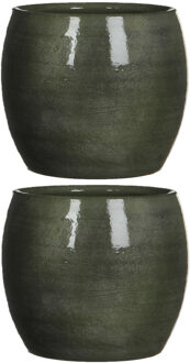 Mica Decorations Bloempot - 2x stuks - glanzend groen - keramiek - 16 x 14 cm