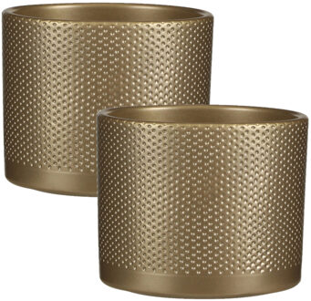 Mica Decorations Bloempot - 2x stuks - goud - relief - keramiek - D17,5 x H14,5 cm - plantenpotten b
