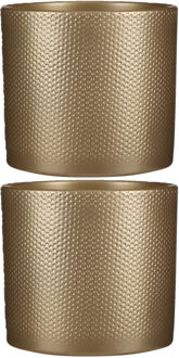 Mica Decorations Bloempot - 2x stuks - goud - relief - keramiek - D23 x H21,5 cm - plantenpotten bin