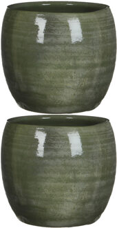 Mica Decorations Bloempot - 2x stuks - groen - glanzend - keramiek - 24 x 22 cm