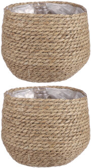 Mica Decorations Bloempot - 2x stuks - rotan - beige - jute - 22 x 19 cm - Met plastic binnenkant
