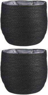 Mica Decorations Bloempot - 2x stuks - rotan - zwart - jute - 26 x 24 cm - Met plastic binnenkant