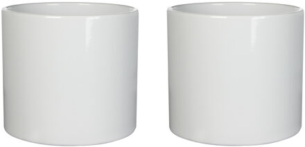 Mica Decorations Bloempot - 2x stuks - wit glans - H17.5 x D19.5 cm - keramiek - voor kamerplant - plantenpot