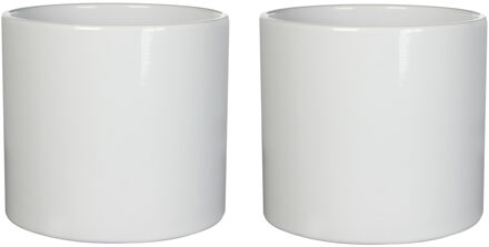 Mica Decorations Bloempot - 2x stuks - wit - glans - keramiek - 28 x 26 cm - plantenpotten