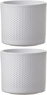 Mica Decorations Bloempot - 2x stuks - wit - relief - keramiek - D14 x H13 cm - plantenpotten binnen