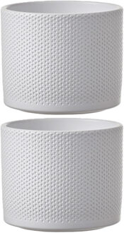 Mica Decorations Bloempot - 2x stuks - wit - relief - keramiek - D18 x H15 cm - plantenpotten binnen