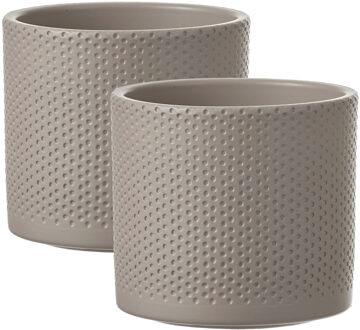 Mica Decorations Bloempot - 2x - taupe - relief - keramiek - D15 x H13 cm - plantenpotten binnen