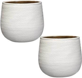 Mica Decorations Bloempot - 2x - wit - keramiek - ribbels - 21 x 19 cm