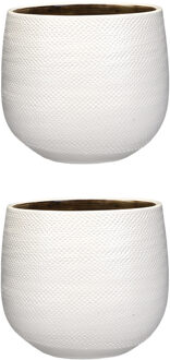 Mica Decorations Bloempot - 2x - wit met relief - keramiek - 20 x 25 cm